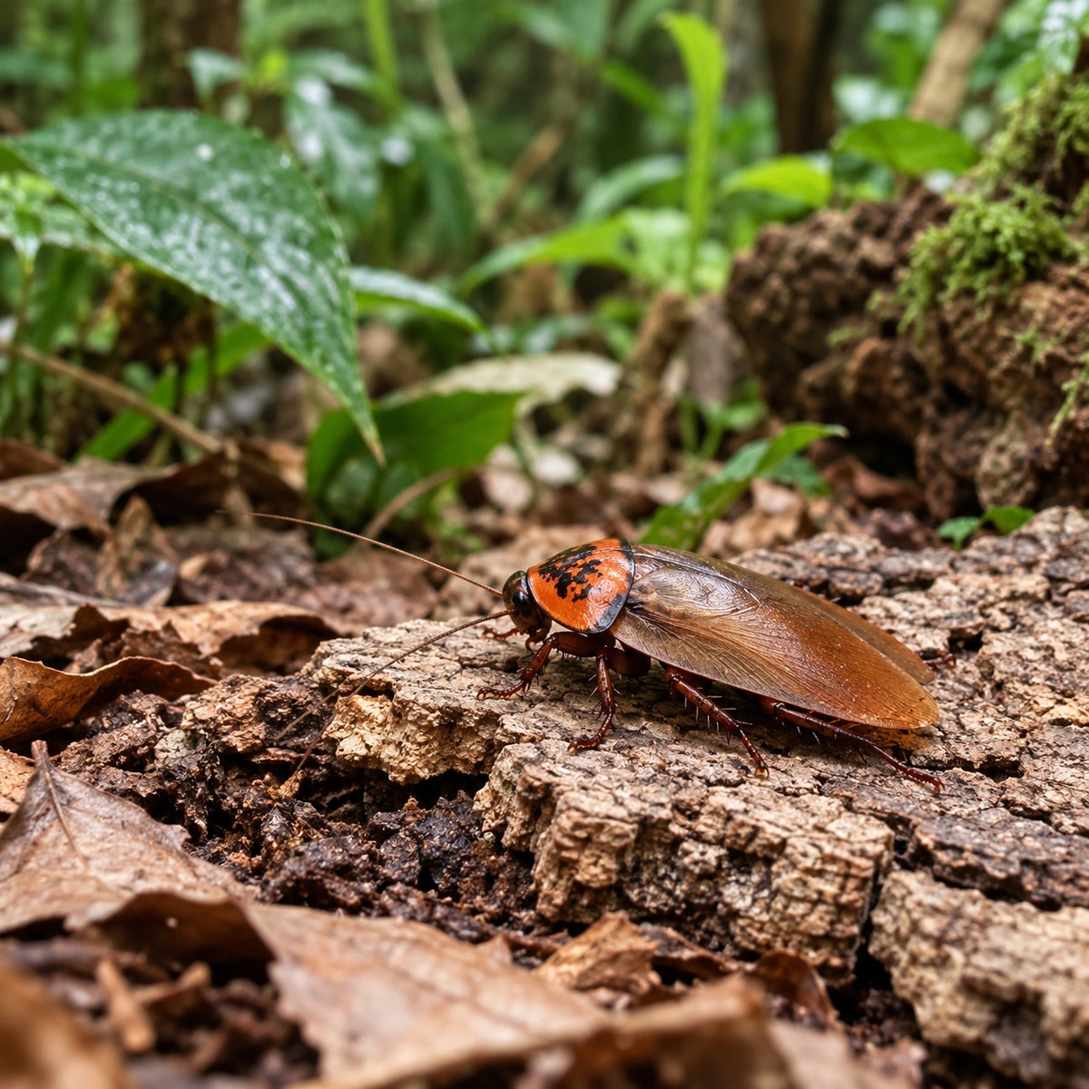 AI-generated reference-guided wide habitat view of adult orange-head roach (Eublaberus posticus). Reference: JSutton93, Wikimedia Commons, CC BY-SA 4.0 https://creativecommons.org/licenses/by-sa/4.0/. AI adaptation: new habitat and framing.