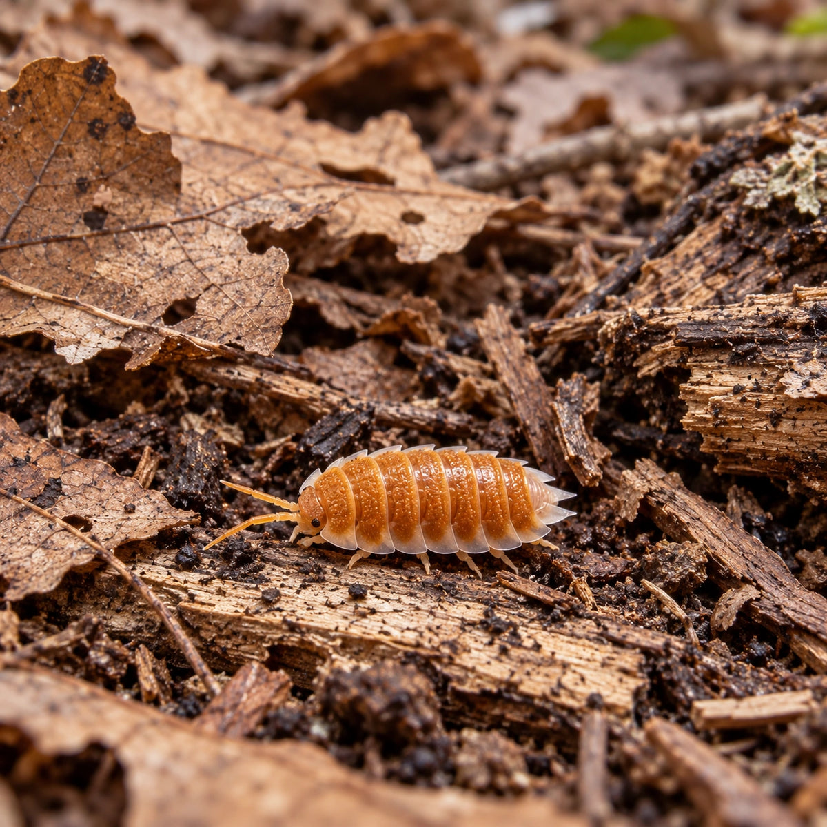 AI-generated reference-guided wide habitat view of Porcellio hoffmannseggii Orange.