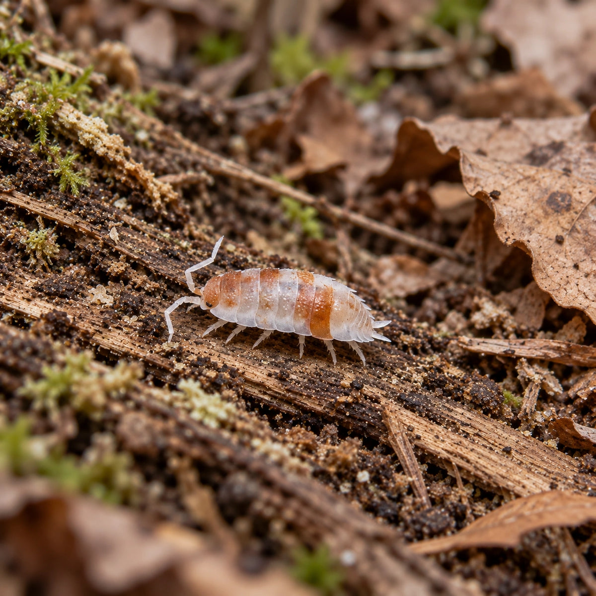 AI-generated reference-guided wide habitat view of Porcellio scaber Orange Koi.