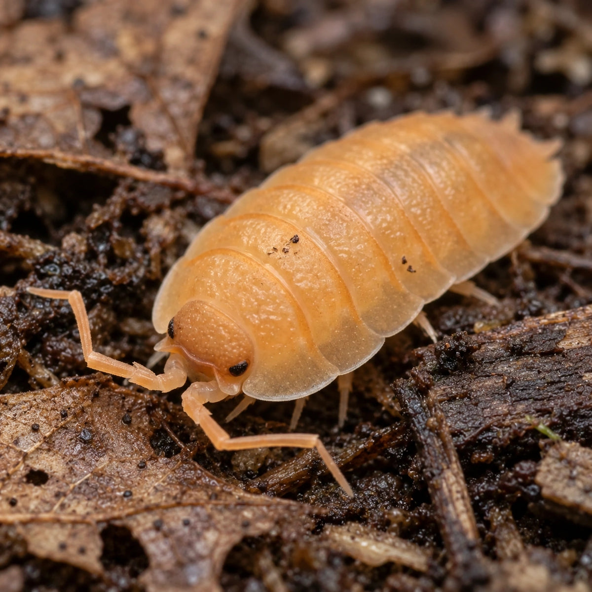 AI-generated reference-guided close view of Orange Nicklesi isopod (Porcellio nicklesi).