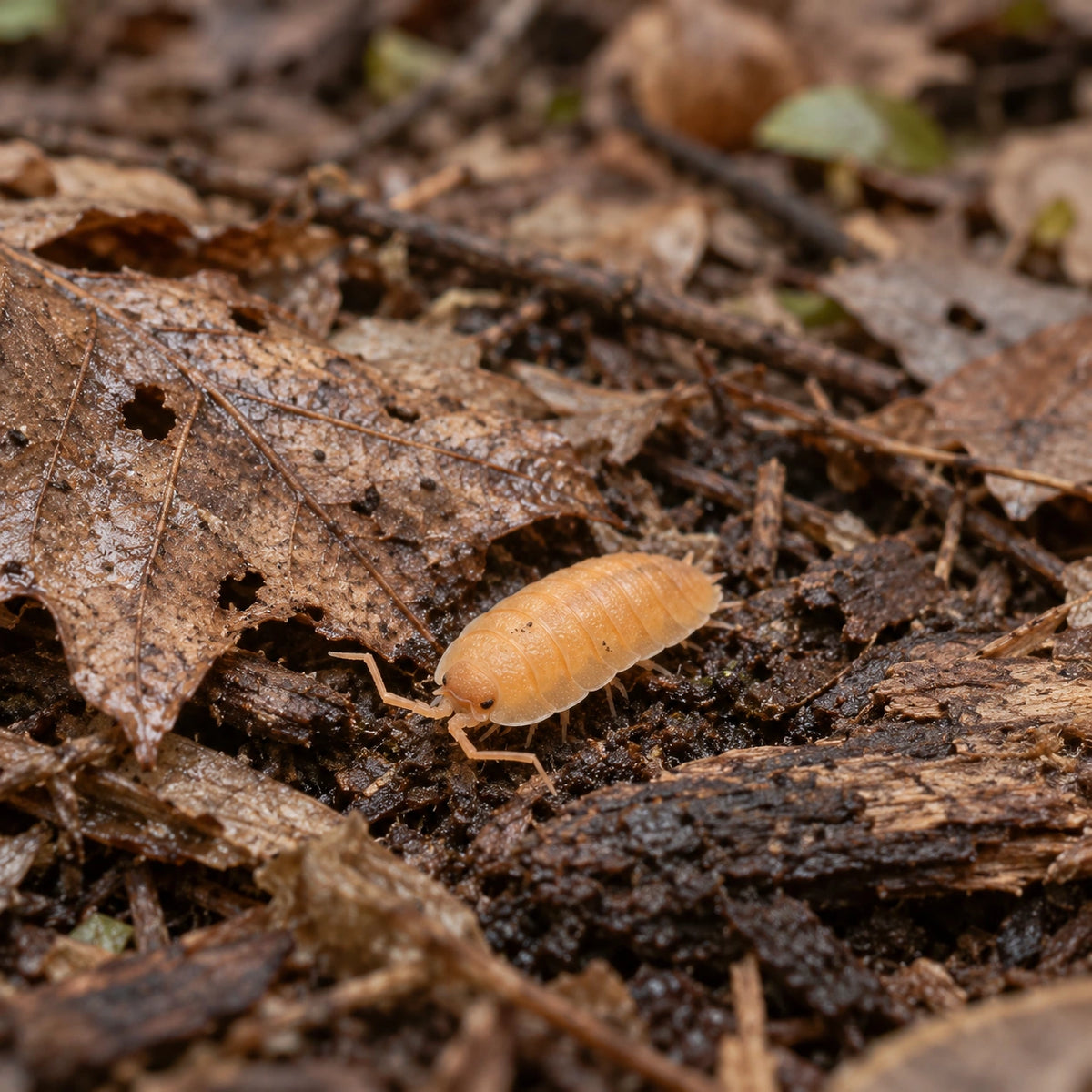AI-generated reference-guided wide habitat view of Orange Nicklesi isopod (Porcellio nicklesi).