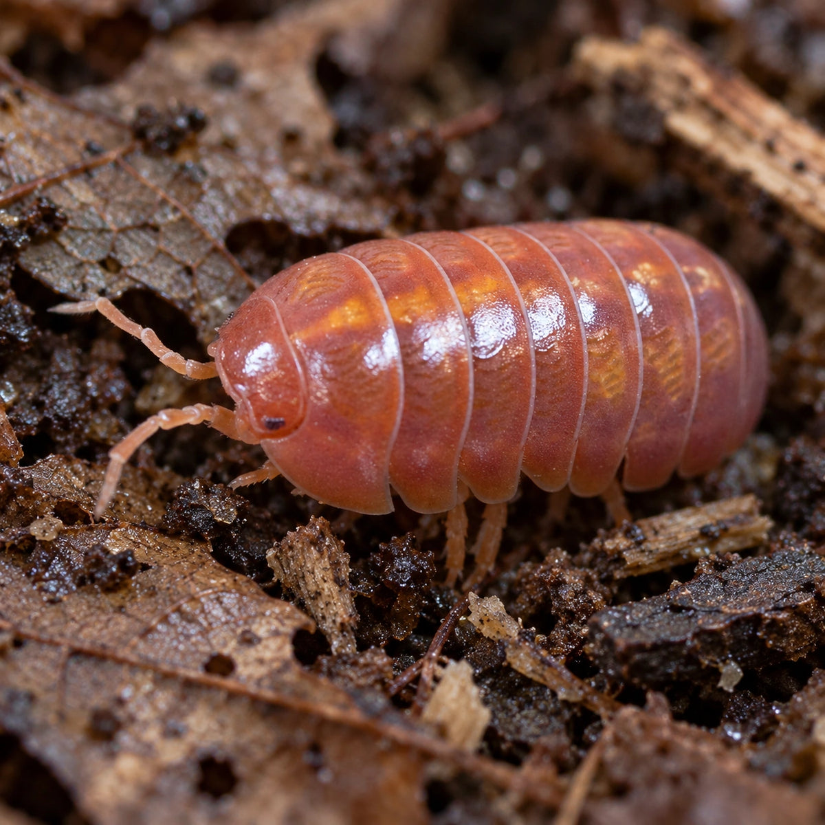 AI-generated reference-guided close view of Orange Vigor isopod (Armadillidium vulgare).