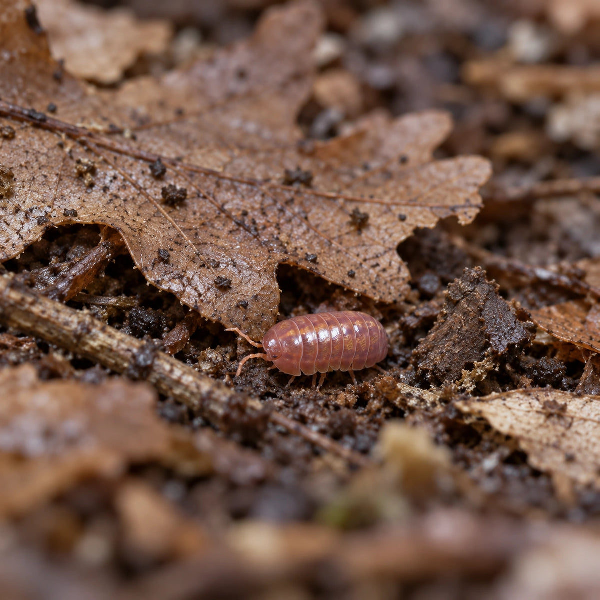AI-generated reference-guided wide habitat view of Orange Vigor isopod (Armadillidium vulgare).