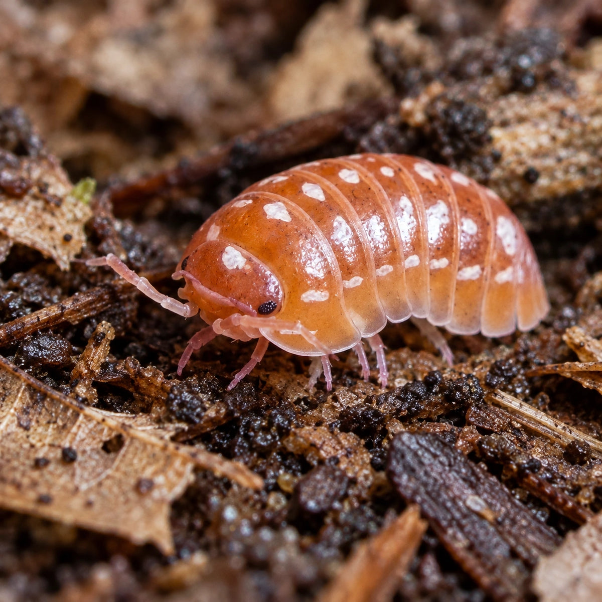 AI-generated reference-guided close view of Orange Werneri isopod (Armadillidium werneri).
