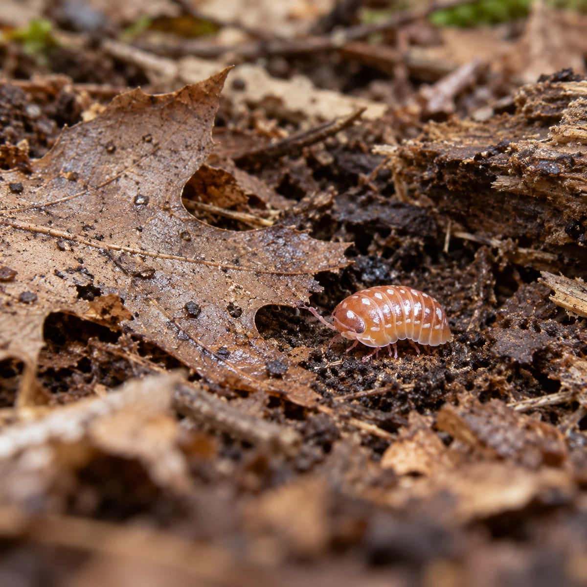 AI-generated reference-guided wide habitat view of Orange Werneri isopod (Armadillidium werneri).