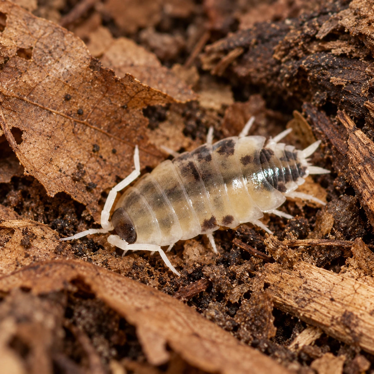 AI-generated reference-guided close view of Porcellionides pruinosus "Oreo Crumble" isopods.