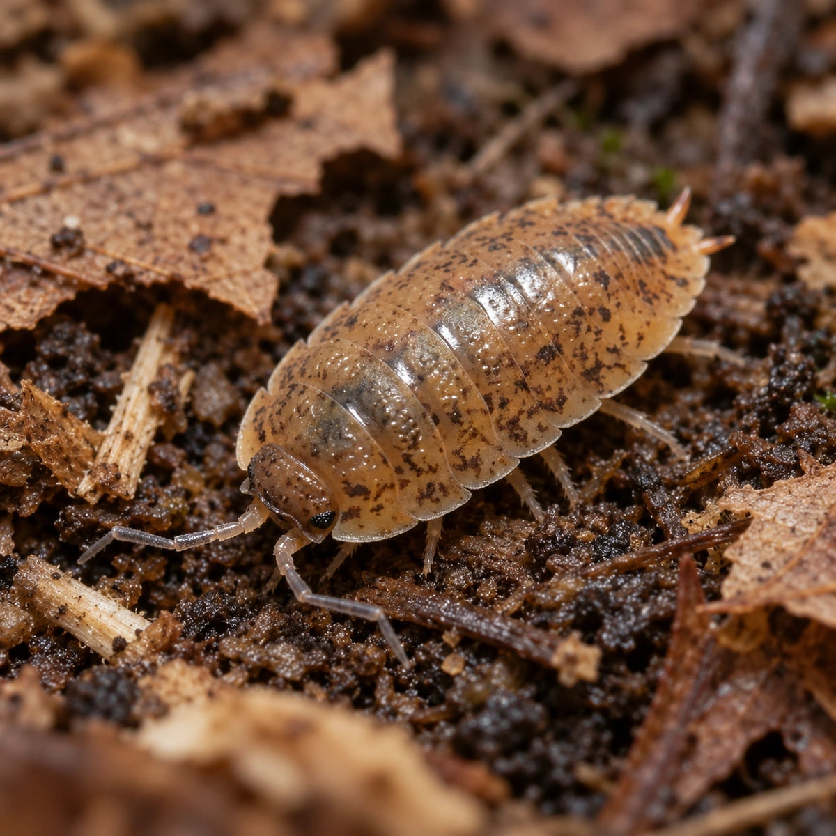 AI-generated reference-guided close view of Orin's Calico isopod (Porcellio scaber).