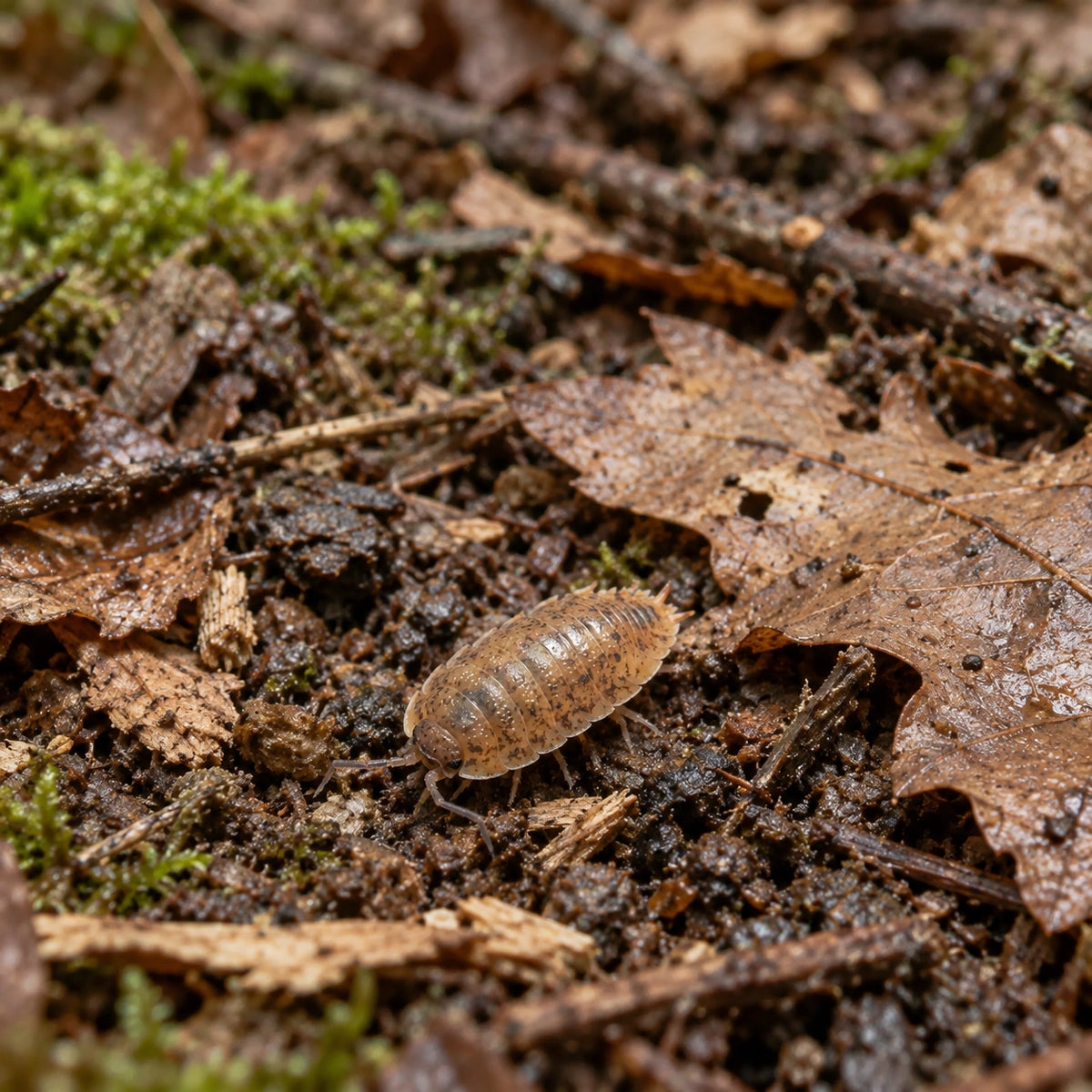 AI-generated reference-guided wide habitat view of Orin's Calico isopod (Porcellio scaber).