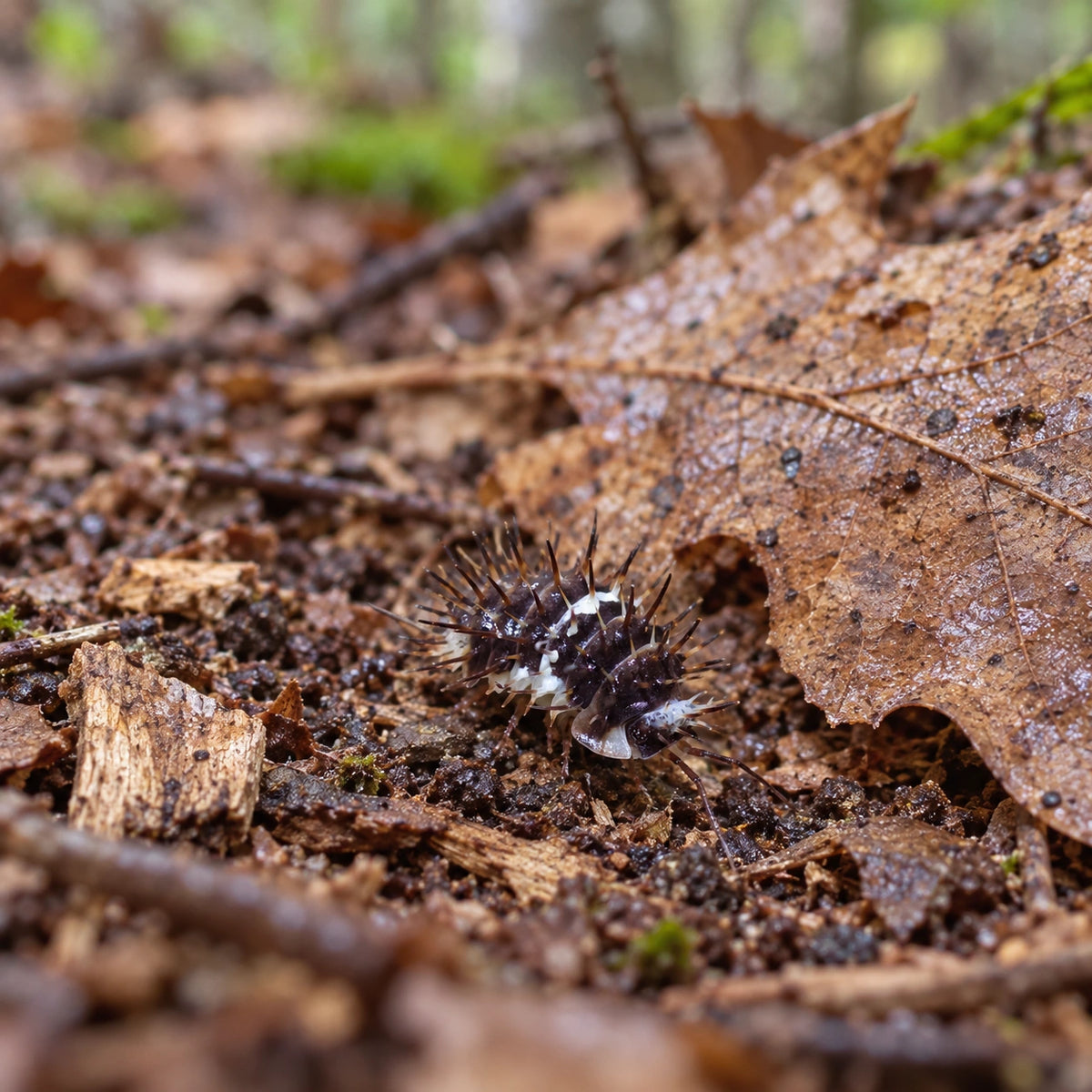 AI-generated reference-guided wide habitat view of Panda Spiky isopod (Laurela sp.).