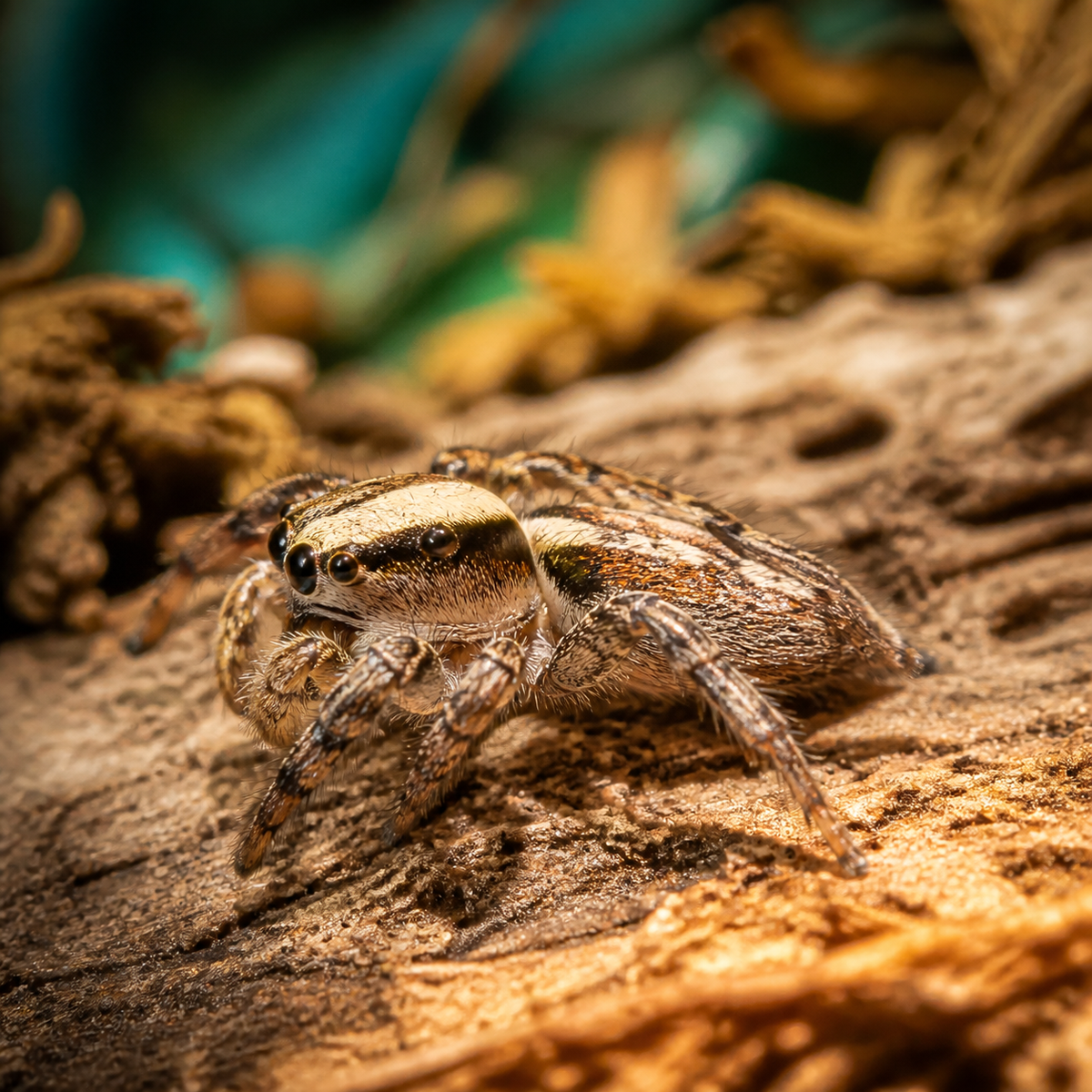 Pantropical jumping spider (Plexippus paykulli) in an arboreal habitat