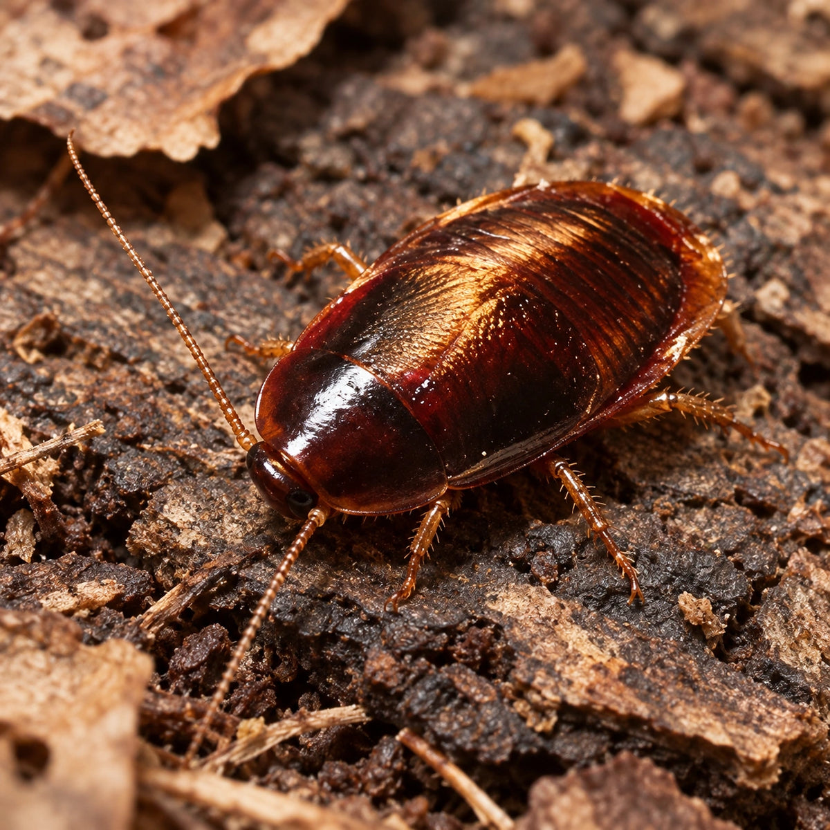 AI-generated reference-guided close view of little Kenyan roach (Paraplecta cf. minutissima). Real anatomy reference: Roach Crossing. AI-generated new habitat and framing.