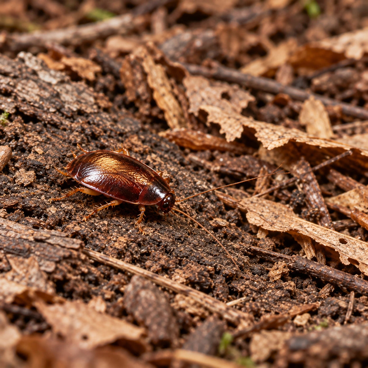 AI-generated reference-guided wide habitat view of little Kenyan roach (Paraplecta cf. minutissima). Real anatomy reference: Roach Crossing. AI-generated new habitat and framing.