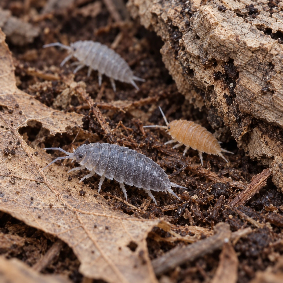 Reference-guided AI illustration of mixed-color isopods on leaf litter; represents the isopod portion of the Party Mix and coco springtail combo, not exact contents.