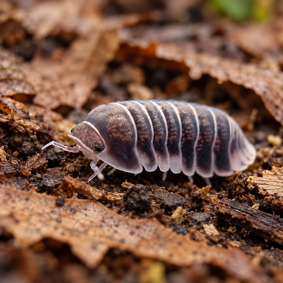 AI-generated reference-guided close view of Penguin isopod (Cubaris sp.).