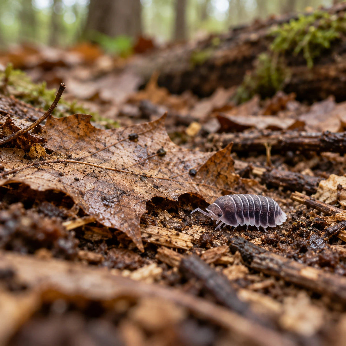 AI-generated reference-guided wide habitat view of Penguin isopod (Cubaris sp.).