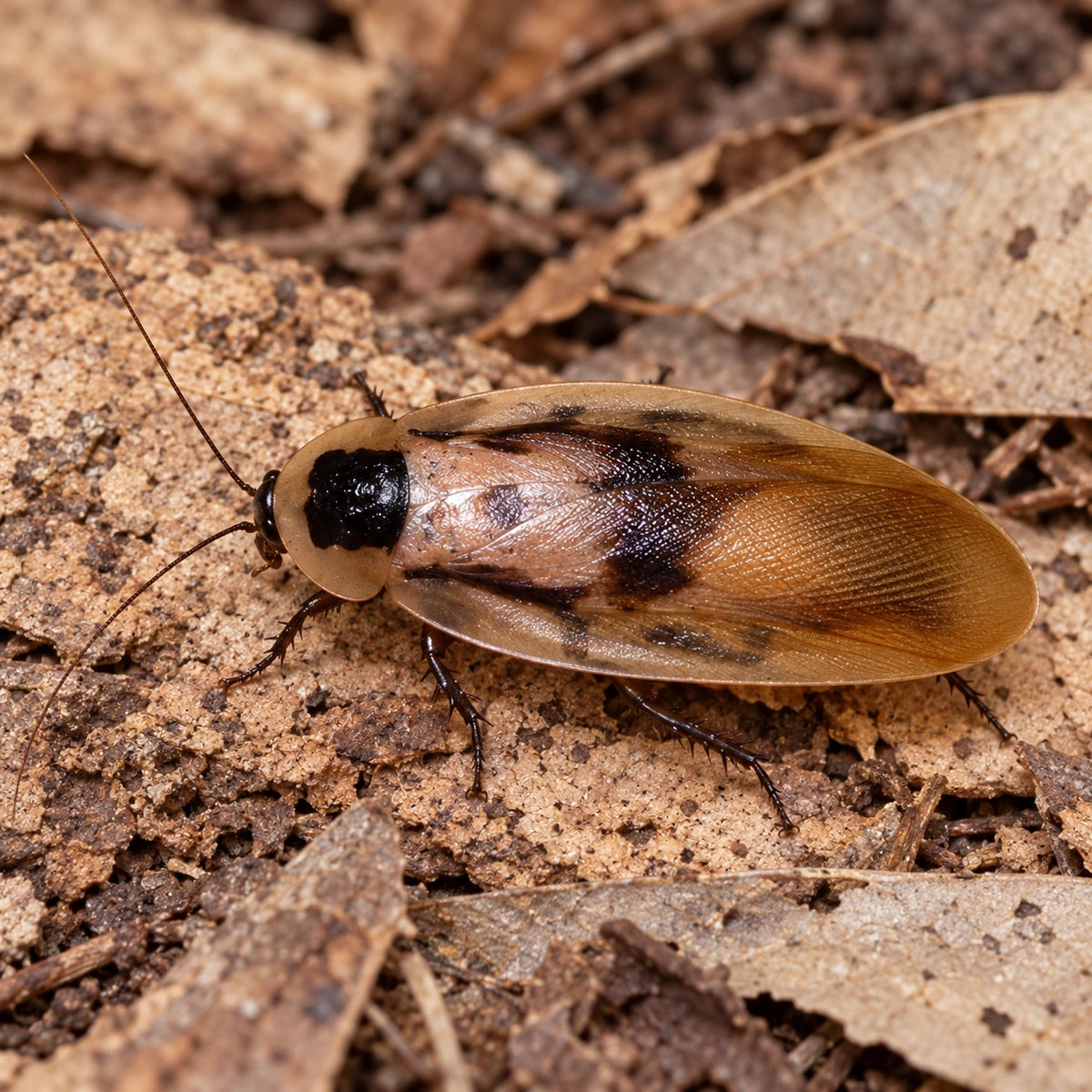 AI-generated reference-guided close view of Peruvian cave roach (Blaberus cf. peruvianus). Real anatomy reference: Roach Crossing. AI-generated new habitat and framing.