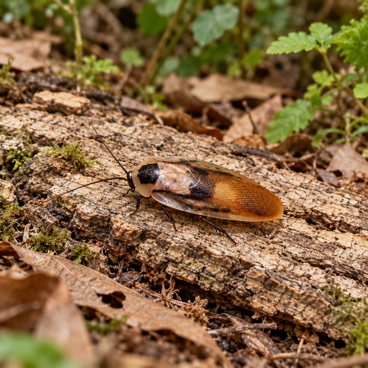 AI-generated reference-guided wide habitat view of Peruvian cave roach (Blaberus cf. peruvianus). Real anatomy reference: Roach Crossing. AI-generated new habitat and framing.