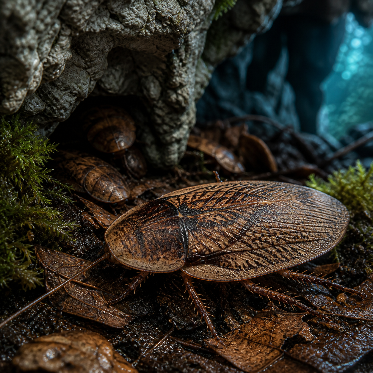 Peruvian Cave roach (Blaberus cf. peruvianus) in a cork-bark retreat