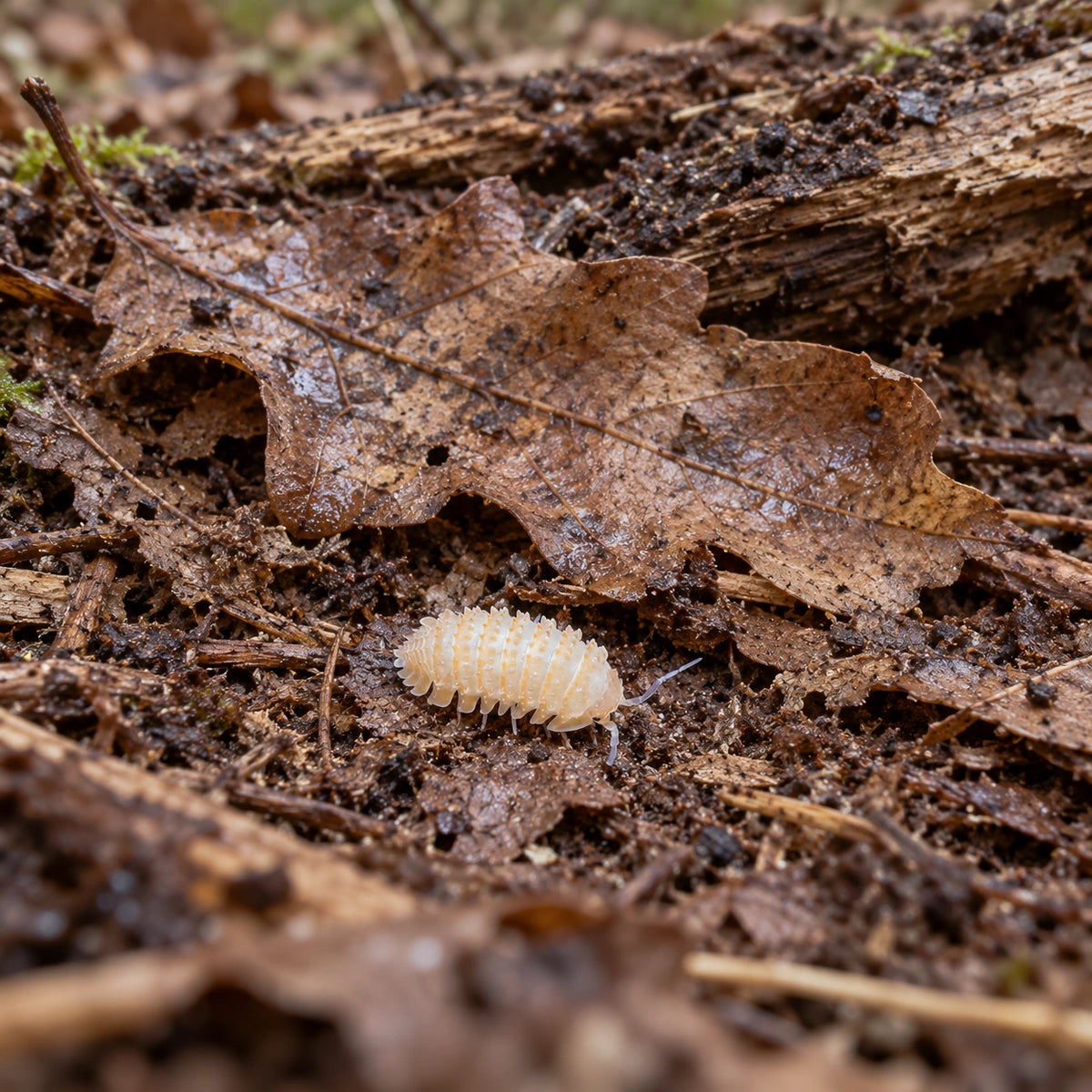 AI-generated reference-guided wide habitat view of Pineapple Spiky isopod (Cristarmadillidium muricatum).