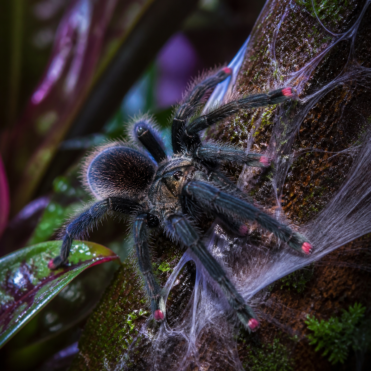 Pink Toe tarantula (Avicularia sp.) in an arboreal webbed retreat