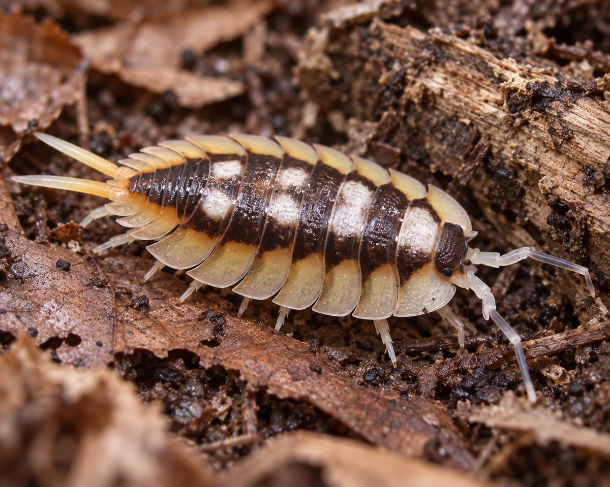 AI-generated reference-guided close view of Orange Expansus isopod (Porcellio expansus).