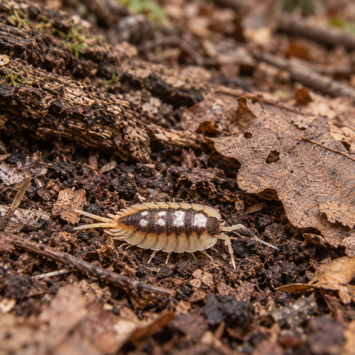 AI-generated reference-guided wide habitat view of Orange Expansus isopod (Porcellio expansus).