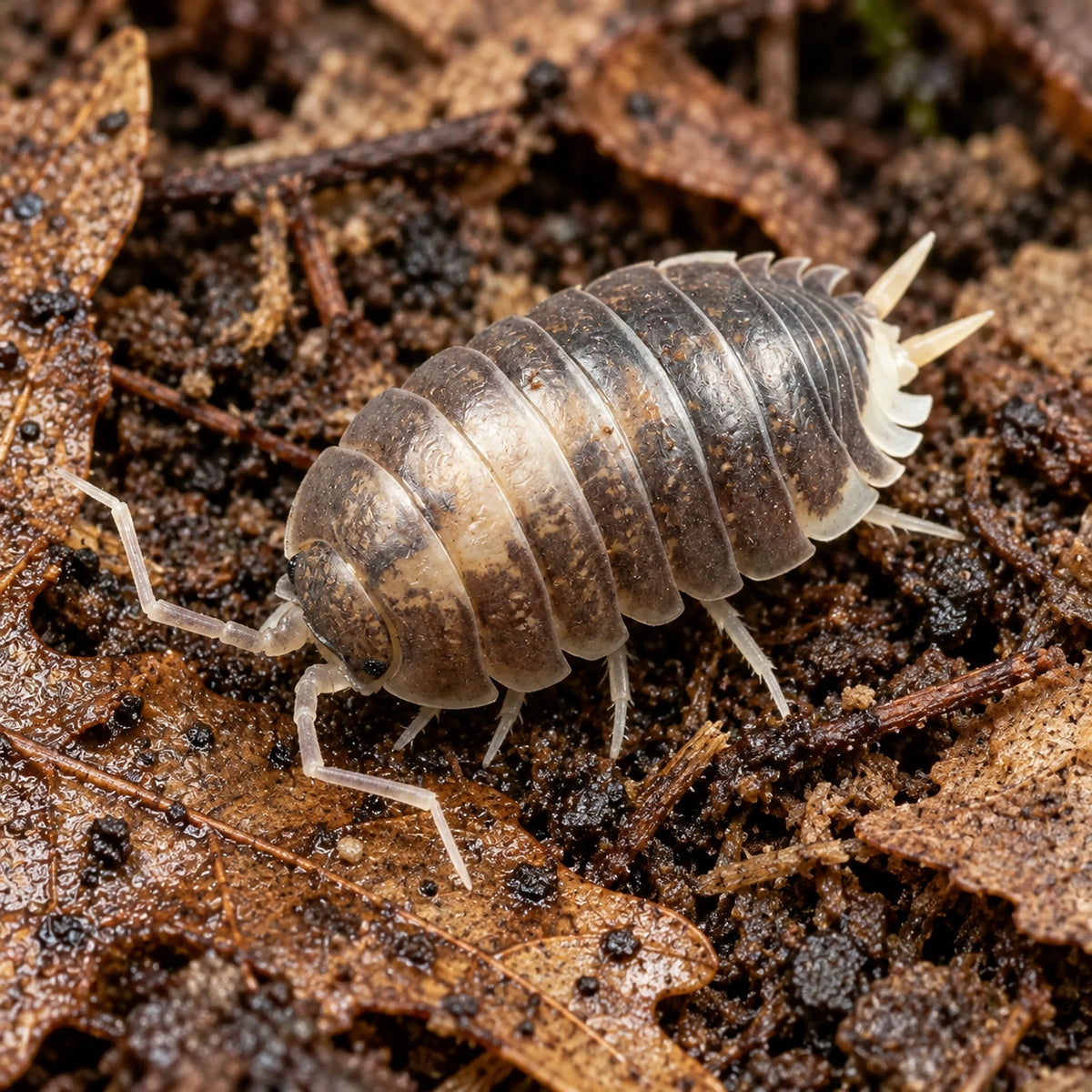 AI-generated reference-guided close view of Porcellio laevis "Milkback" isopods.