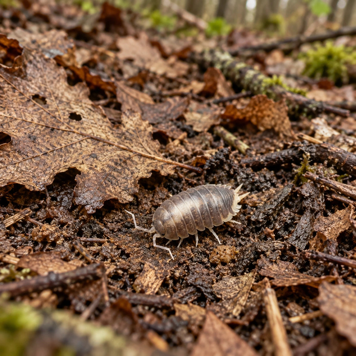 AI-generated reference-guided wide habitat view of Porcellio laevis "Milkback" isopods.