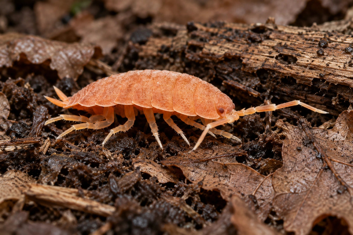 AI-generated reference-guided close view of Porcellio laevis "Orange" isopods.
