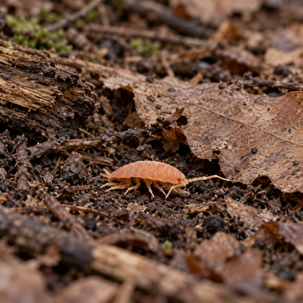 AI-generated reference-guided wide habitat view of Porcellio laevis "Orange" isopods.