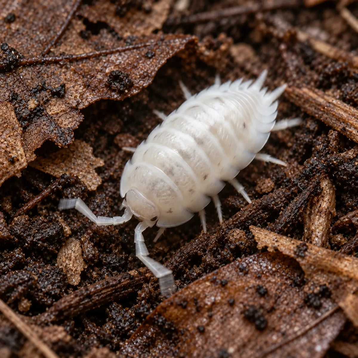 AI-generated reference-guided close view of Porcellio laevis "White" isopods.