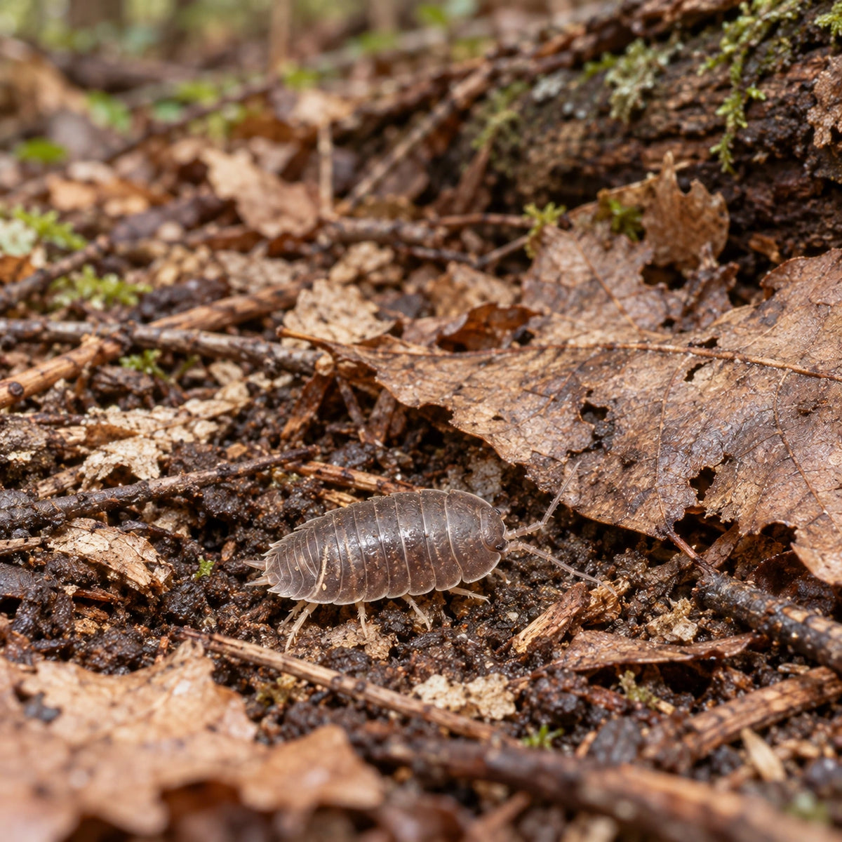 AI-generated reference-guided wide habitat view of Porcellio laevis "Wild Type" isopods.