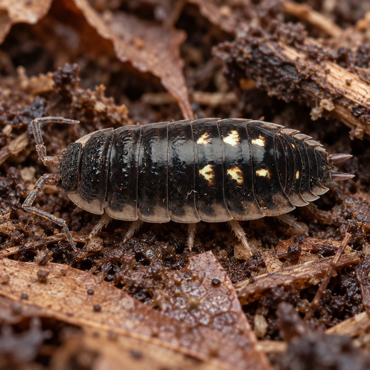 AI-generated reference-guided close view of Porcellio ornatus "Yellow Dot" isopods.