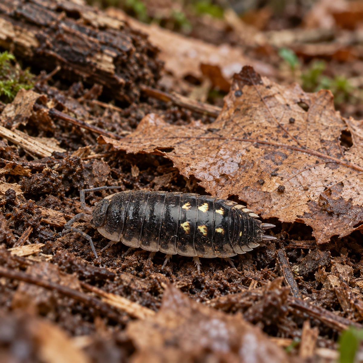 AI-generated reference-guided wide habitat view of Porcellio ornatus "Yellow Dot" isopods.