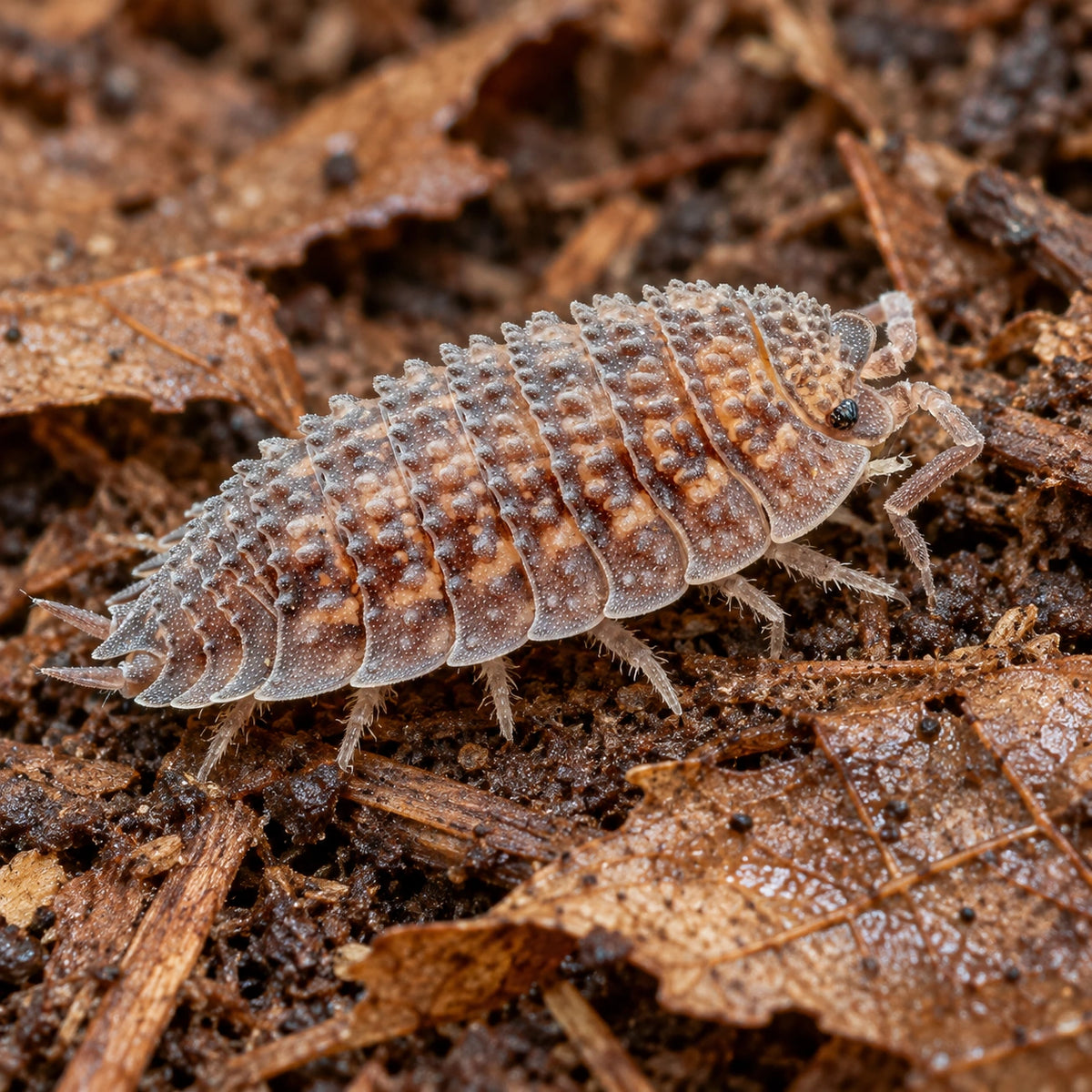 AI-generated reference-guided close view of Porcellio sp. "Spiky Canare" isopods.