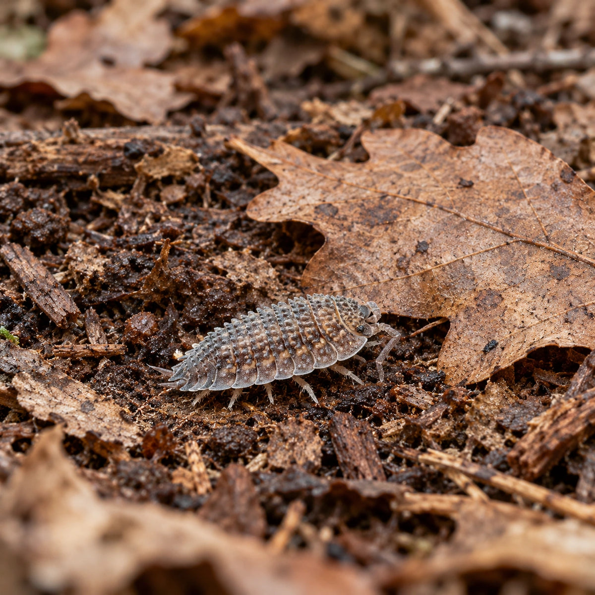 AI-generated reference-guided wide habitat view of Porcellio sp. "Spiky Canare" isopods.