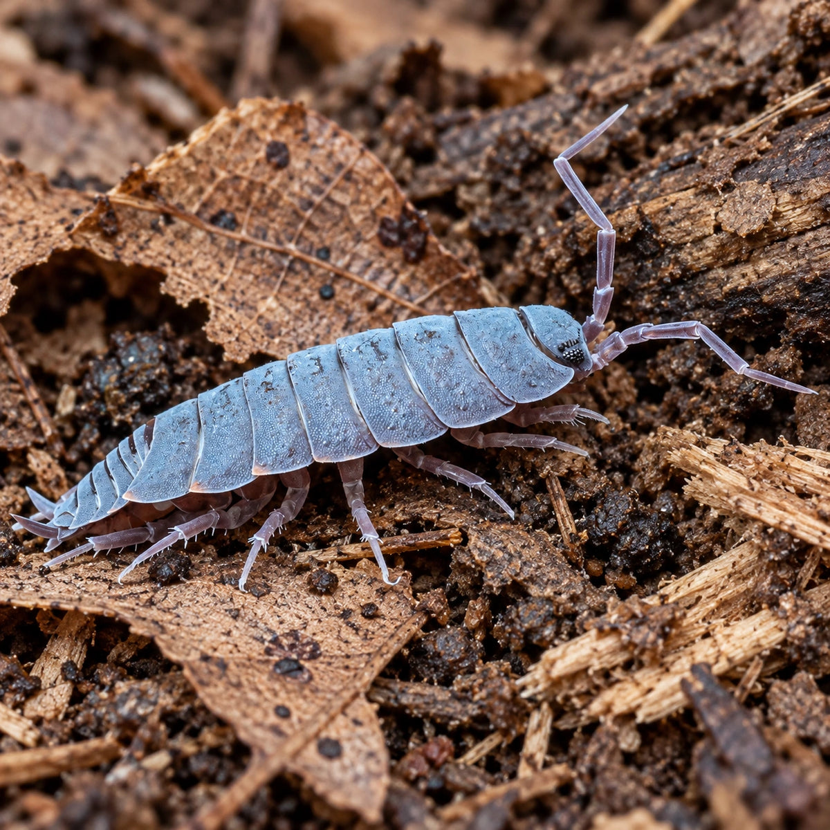 AI-generated reference-guided close view of Porcellionides pruinosus "Powder Blue" isopods.
