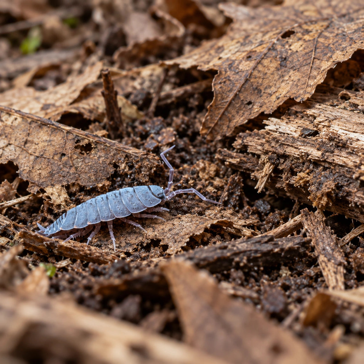 AI-generated reference-guided wide habitat view of Porcellionides pruinosus "Powder Blue" isopods.
