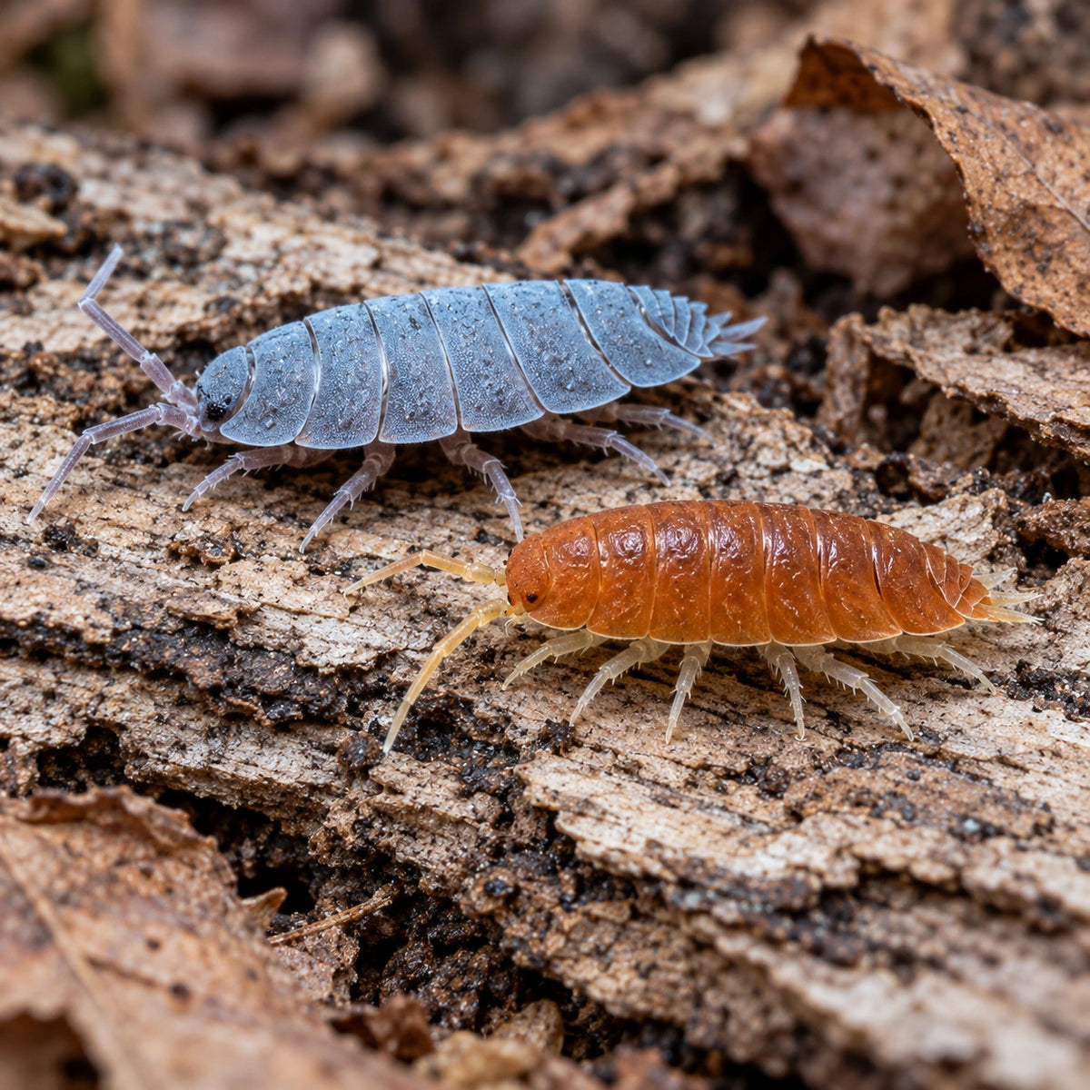 AI-generated reference-guided illustration of Powder Blue and Powder Orange Porcellionides pruinosus. Representative morphs; actual mix varies.