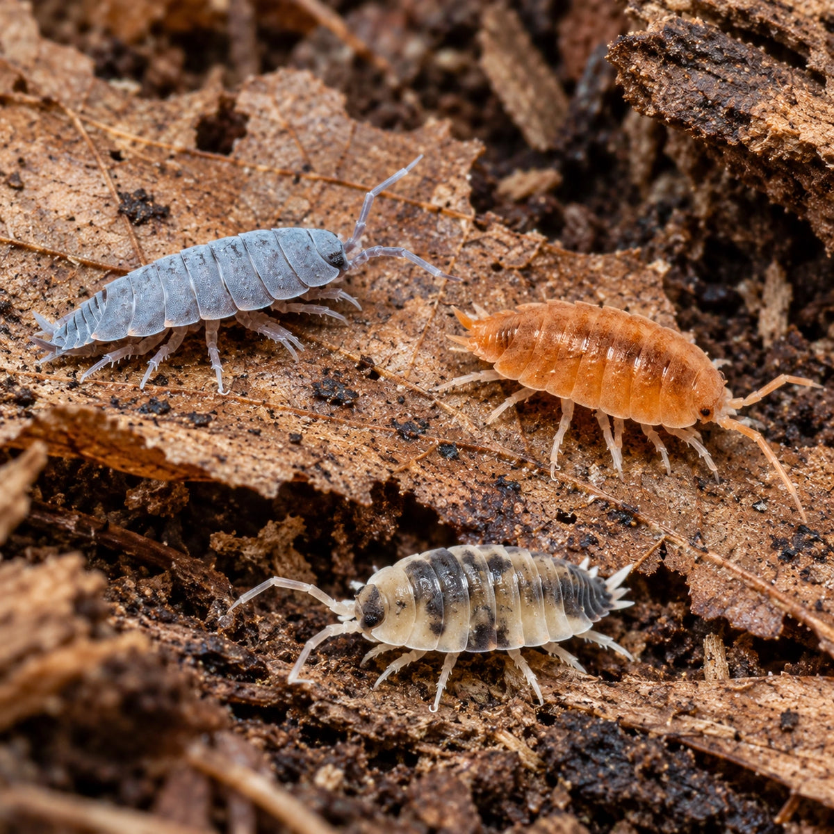 AI-generated reference-guided close view of Porcellionides pruinosus "Powder Mix" isopods.