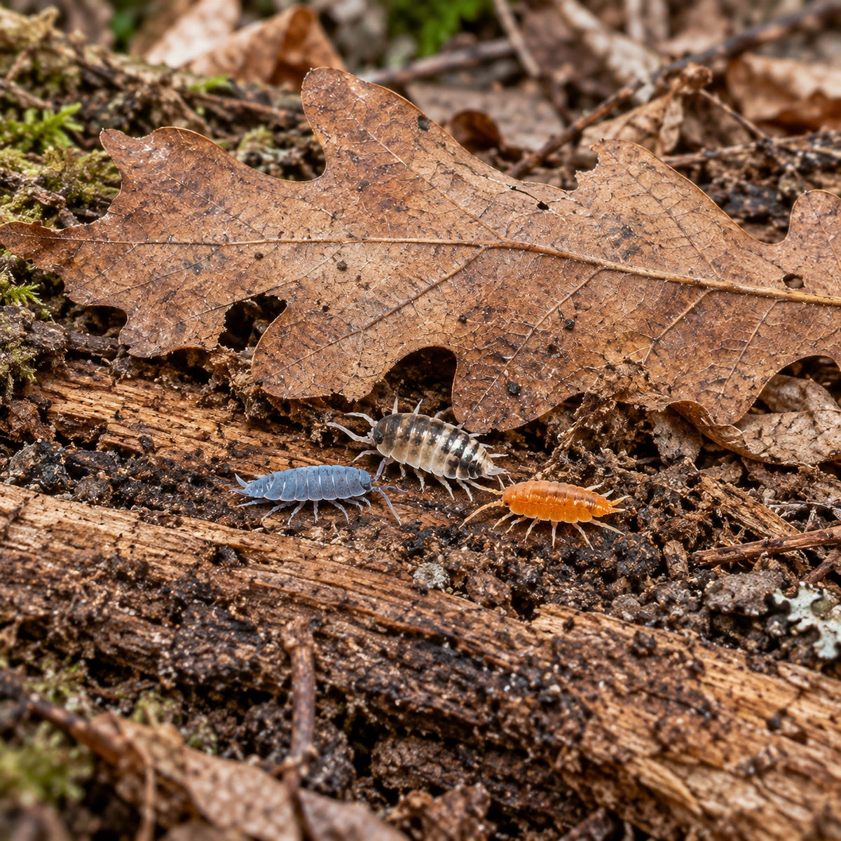 AI-generated reference-guided wide habitat view of Porcellionides pruinosus "Powder Mix" isopods.