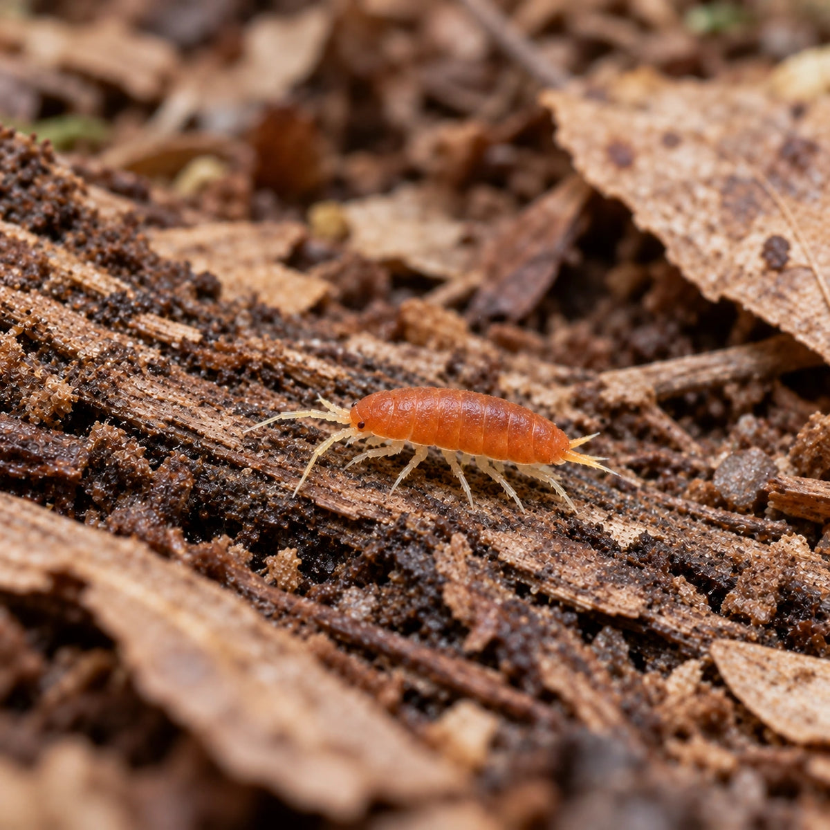 AI-generated reference-guided wide habitat view of Porcellionides pruinosus Powder Orange.