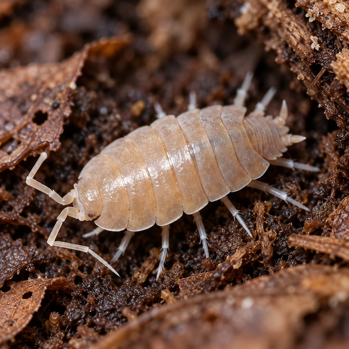 AI-generated reference-guided close view of Porcellionides pruinosus "Powder White" isopods.