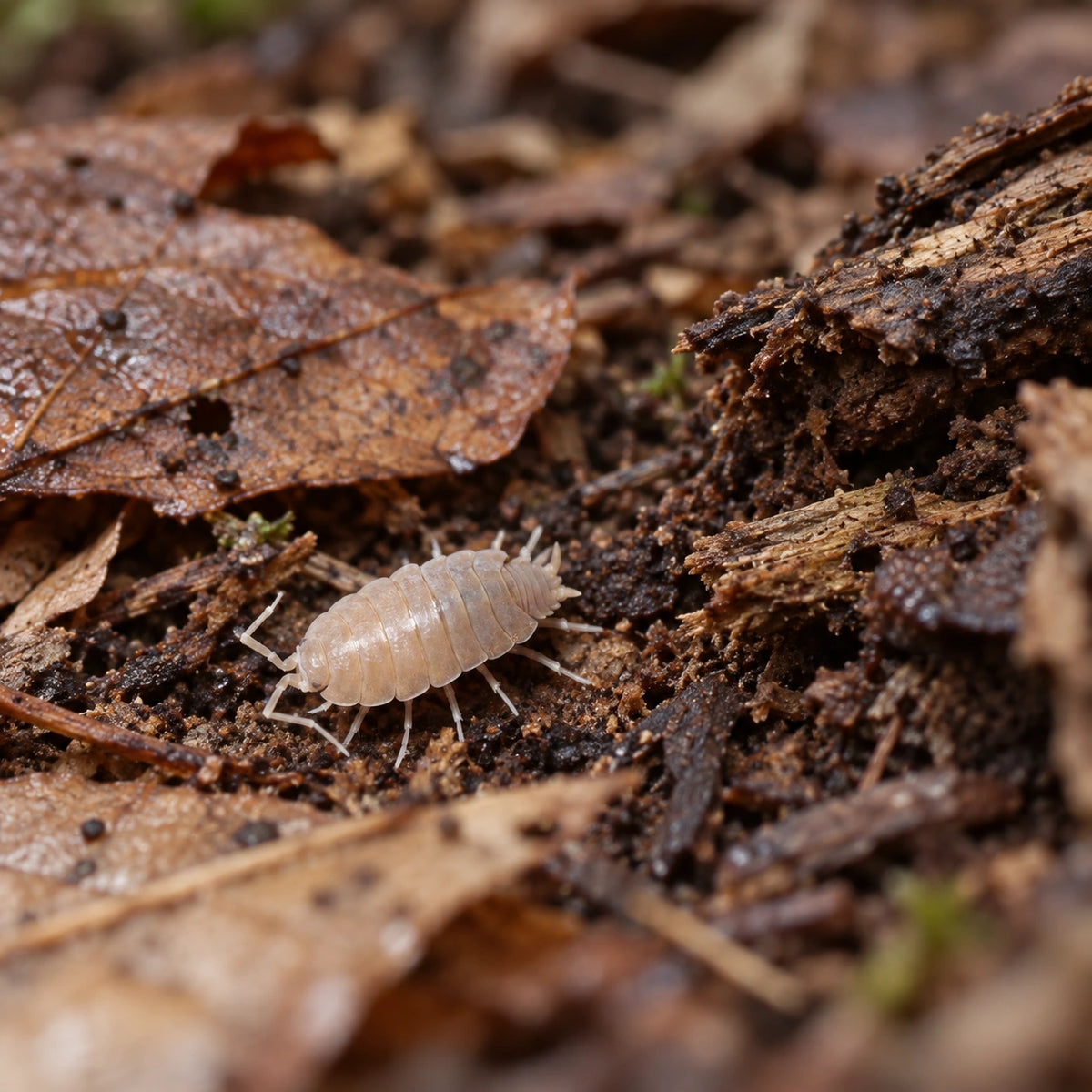 AI-generated reference-guided wide habitat view of Porcellionides pruinosus "Powder White" isopods.
