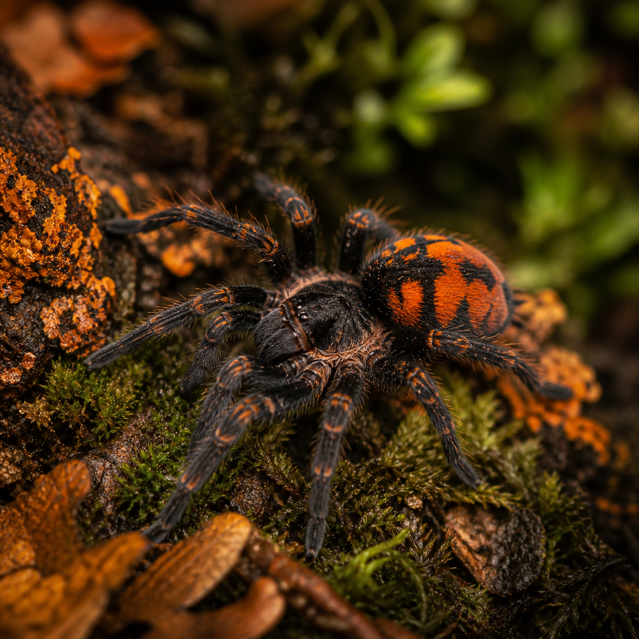 Pumpkin Patch tarantula, Hapalopus sp. Colombia, on natural substrate