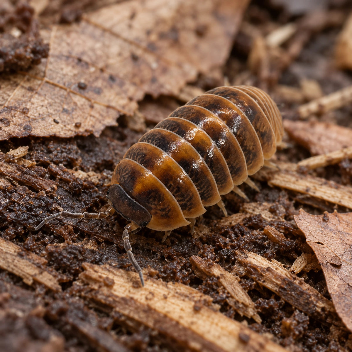 AI-generated reference-guided close view of Armadillidium vulgare "Punta Cana" isopods.