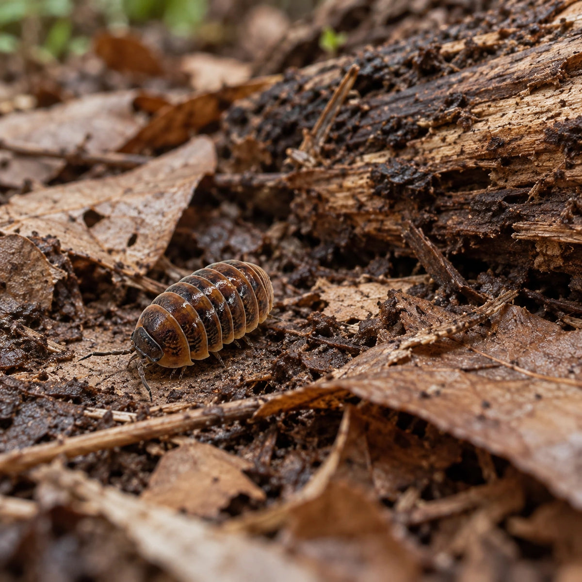 AI-generated reference-guided wide habitat view of Armadillidium vulgare "Punta Cana" isopods.