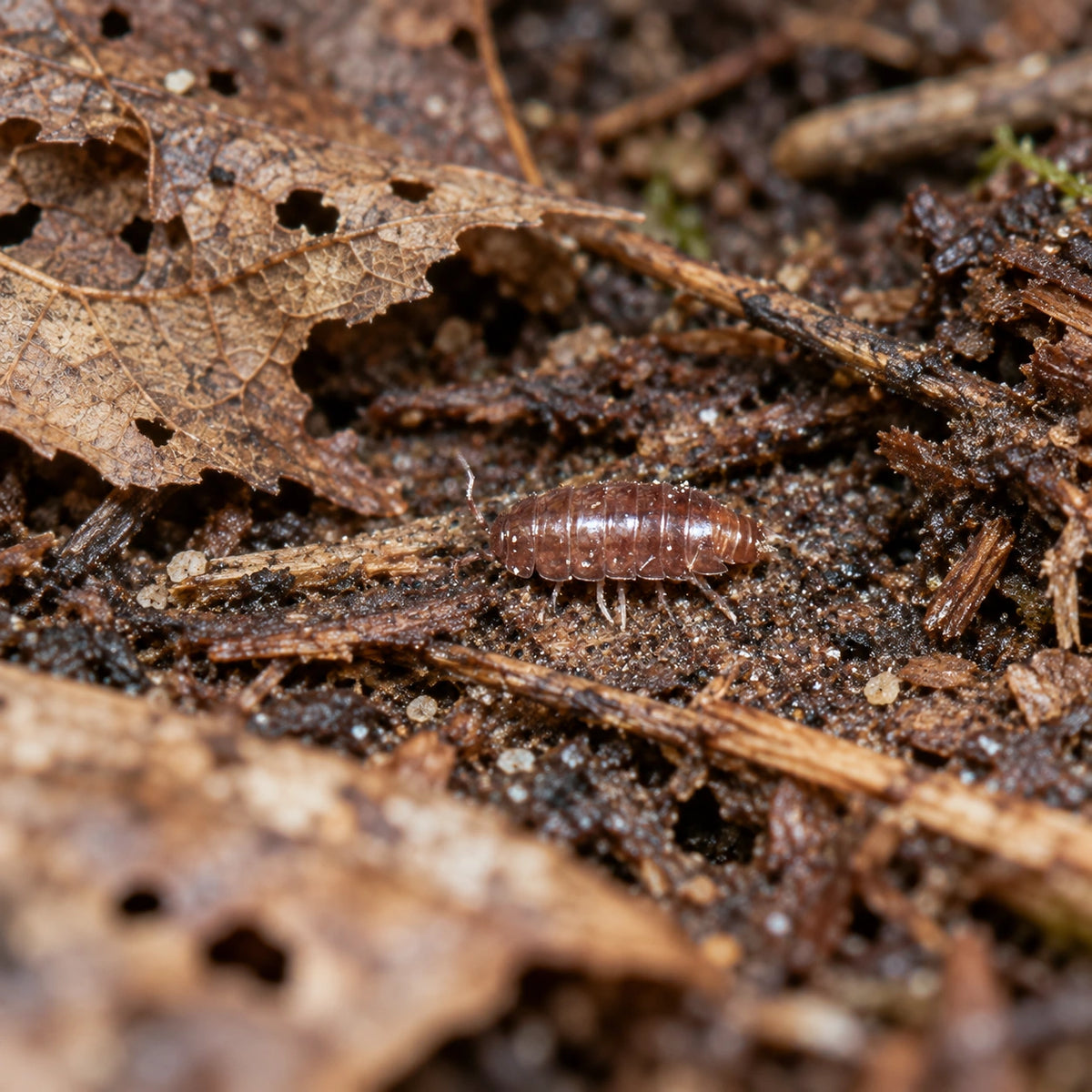 AI-generated reference-guided wide habitat view of Trichoniscus pusillus Pygmy Woodlouse isopods.