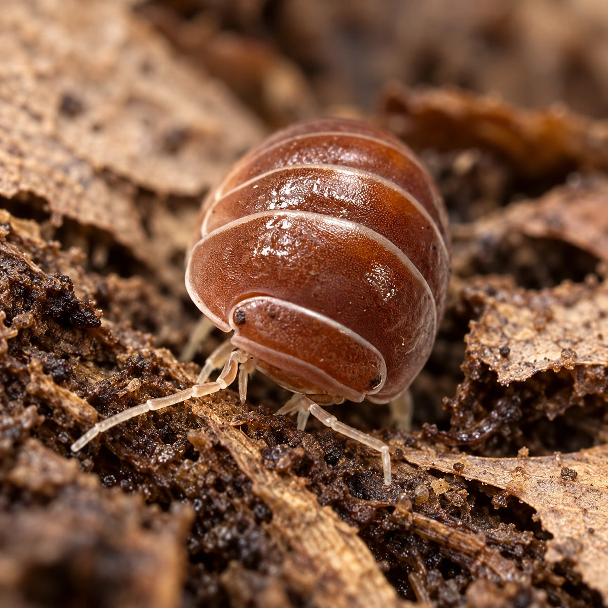 AI-generated reference-guided close view of Armadillo officinalis "Red" isopods.