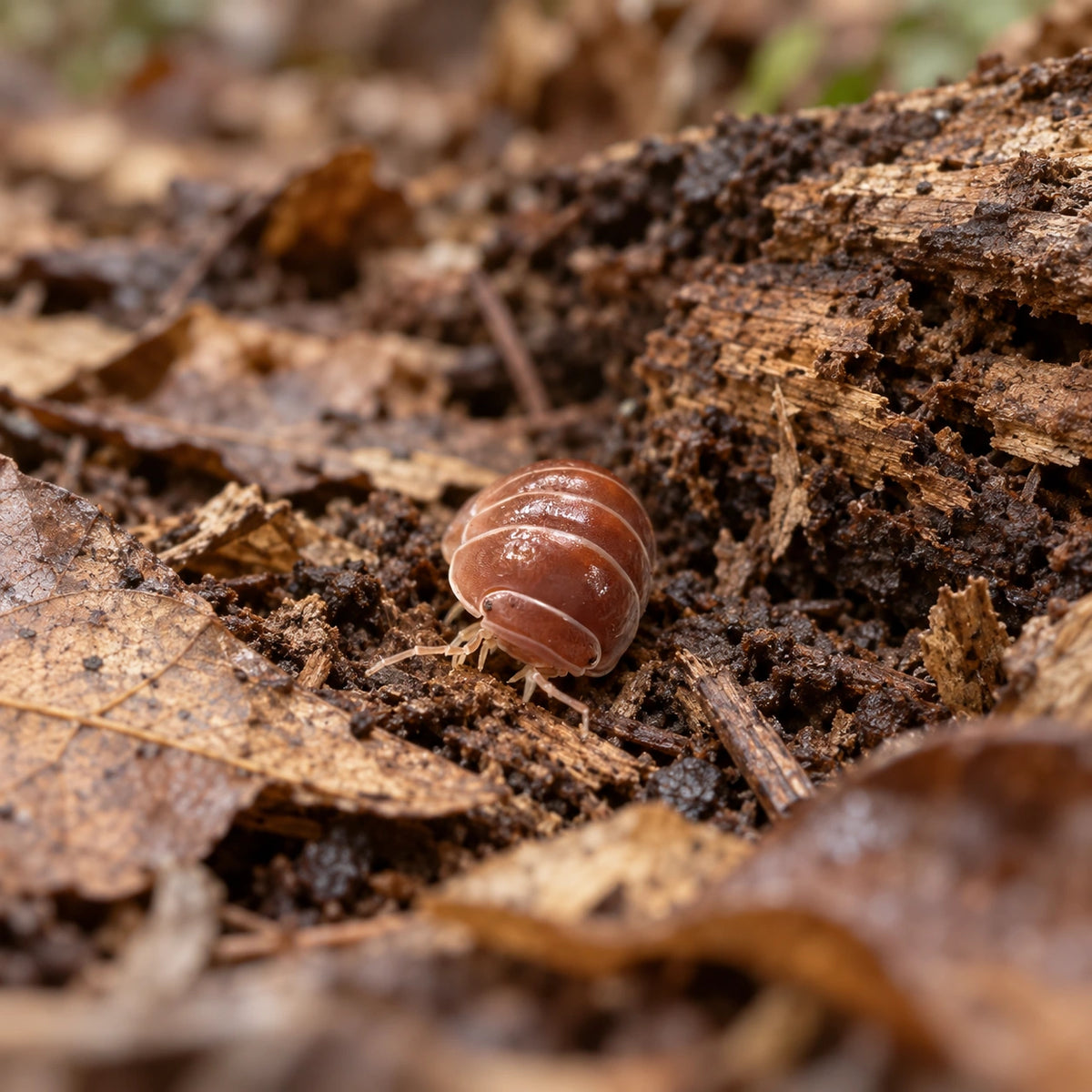 AI-generated reference-guided wide habitat view of Armadillo officinalis "Red" isopods.